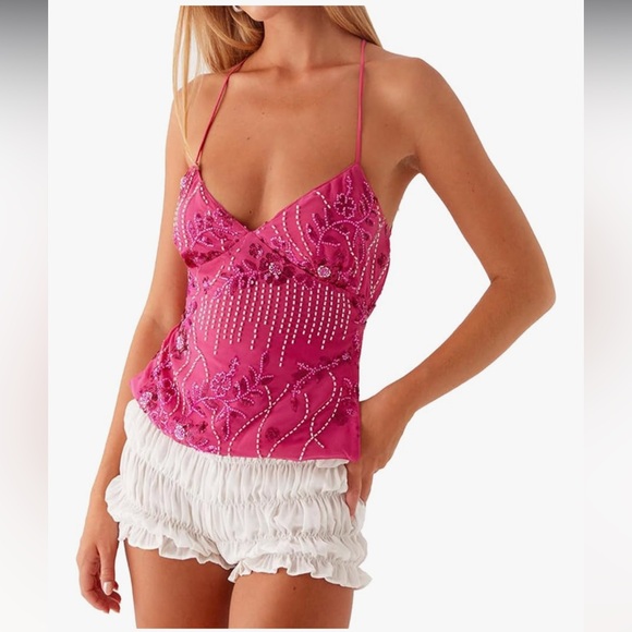 Sequin Beaded Cami Top VNeck Backless Criss Cross Straps Crop Top NWT Pink Small - Picture 1 of 6